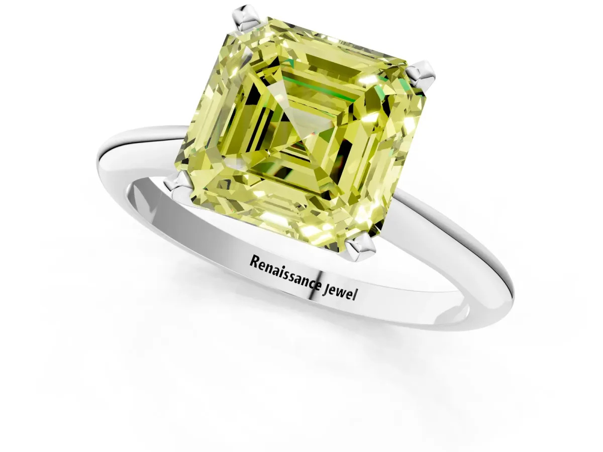 Fancy Yellow Asscher Cut Diamond Solitaire Engagement Ring with Classic Band and Four-Prong Setting Platinum