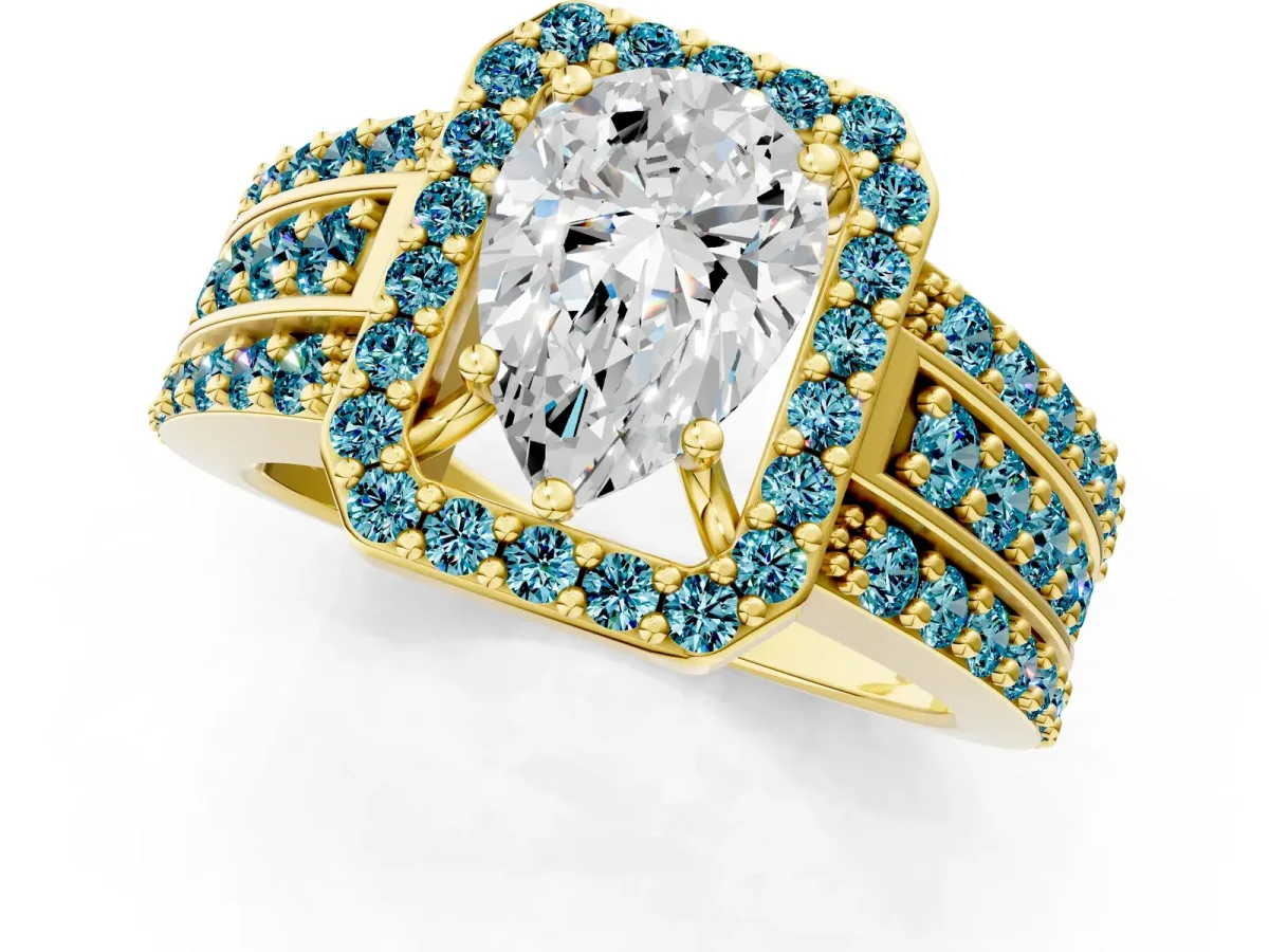 Pear Cut Halo Diamond Ring with Round Blue Topaz Split Shank and Prong Setting Yellow gold