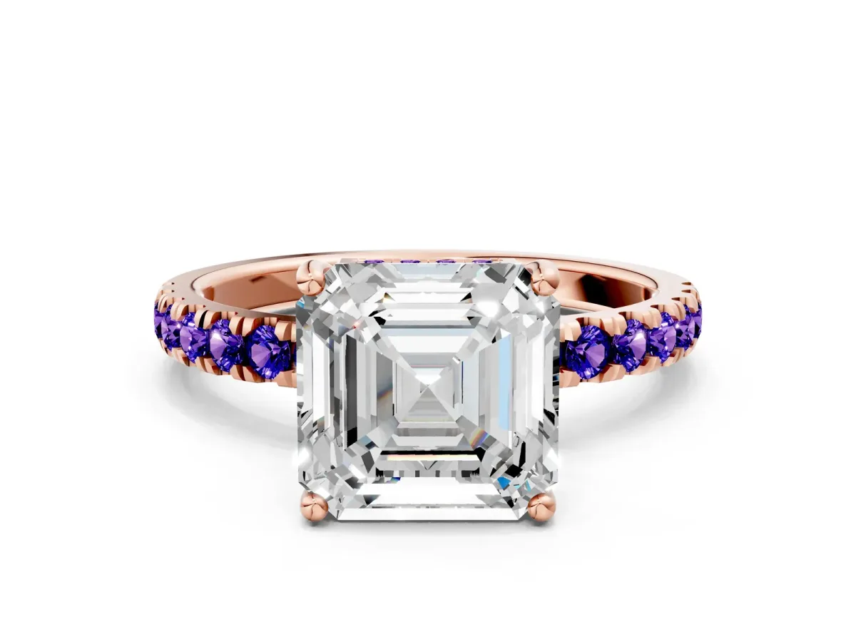Asscher Cut Diamond Pave Band Solitaire Ring with Round Tanzanite and Prong Setting Rose gold