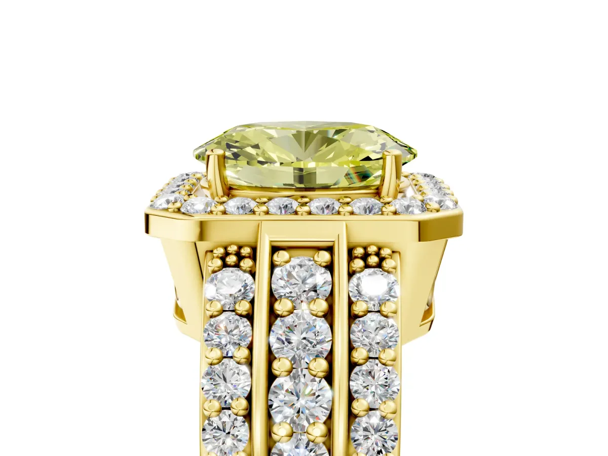 Fancy Yellow Oval Cut Halo Diamond Ring with Round Split Shank and Prong Setting Yellow gold