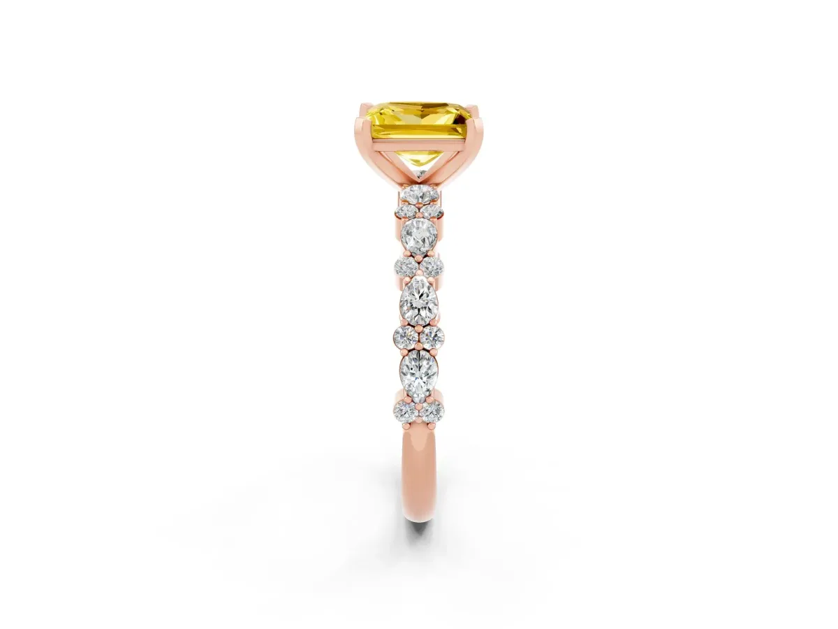 Princess Cut Yellow Sapphire Side Stone Solitaire Ring with Round and Four-Prong Setting Rose gold