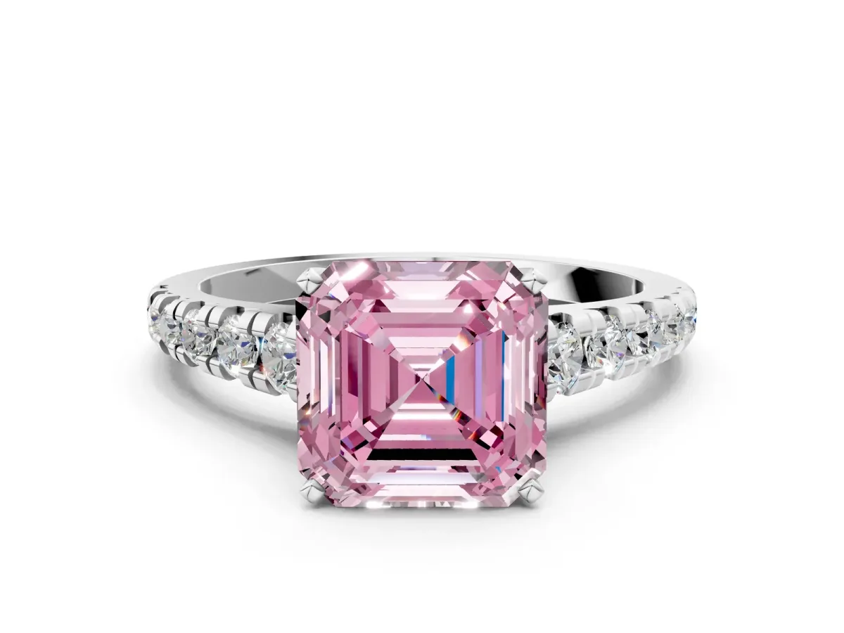 Fancy Pink Asscher Cut Diamond Cathedral Solitaire Ring with Round Pavé Band White gold