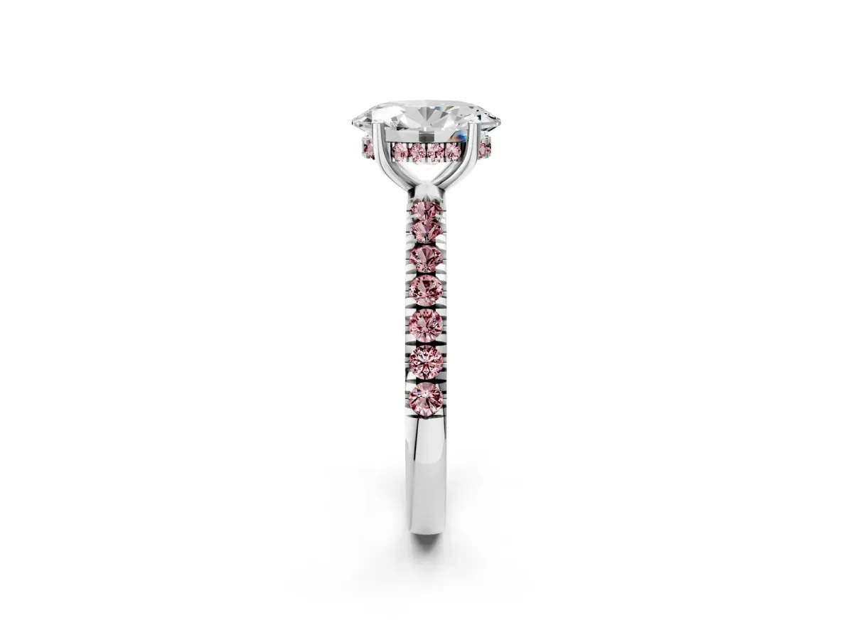 Oval Cut Diamond Pave Band Solitaire Ring with Round Morganite and Prong Setting White gold