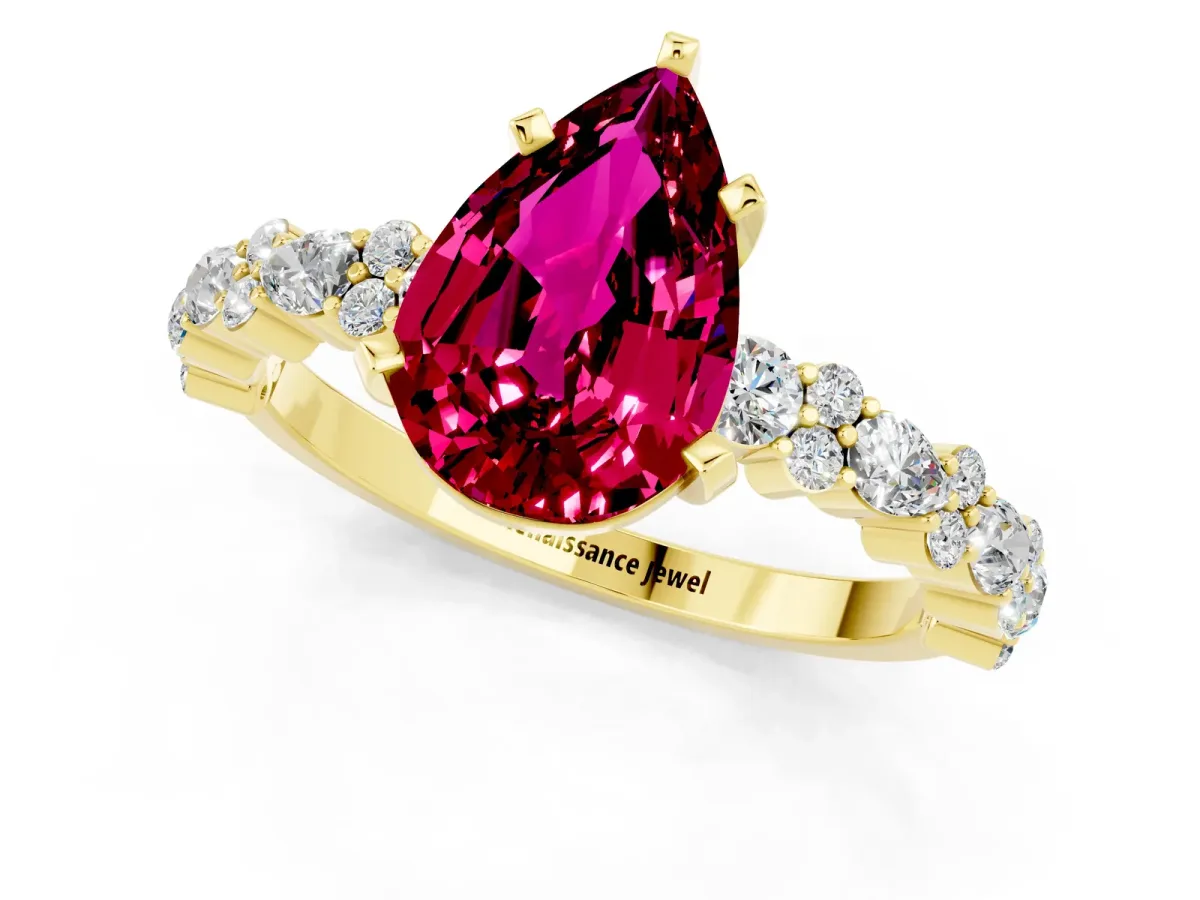 Pear Cut Garnet Side Stone Solitaire Ring with Round and Four-Prong Setting Yellow gold
