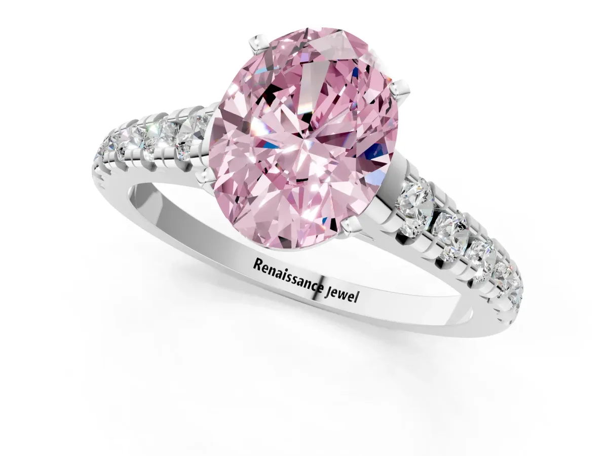 Fancy Pink Oval Cut Diamond Cathedral Solitaire Ring with Round Pavé Band White gold