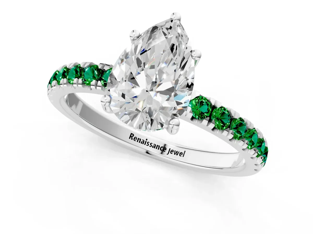 Pear Cut Diamond Pave Band Solitaire Ring with Round Emerald and Prong Setting White gold
