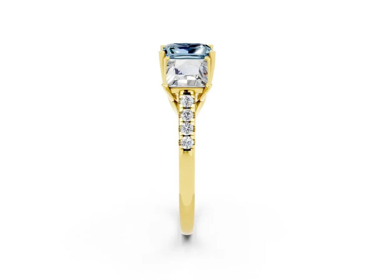 Three-Stone Princess Cut Aquamarine Ring with Round Pavé Band and Prong Setting Yellow gold