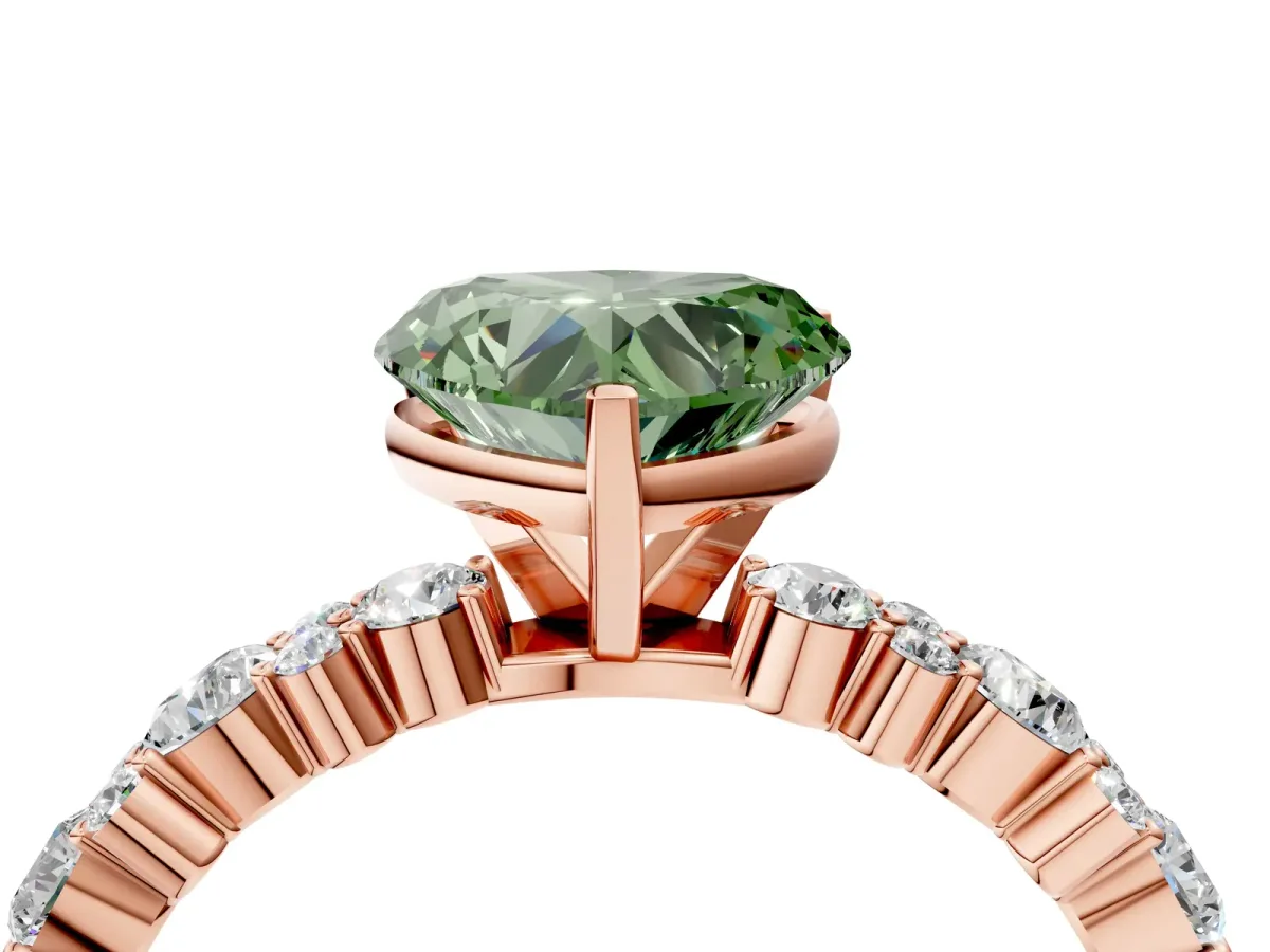 Fancy Green Heart Cut Diamond Side Stone Solitaire Ring with Round and Four-Prong Setting Rose gold