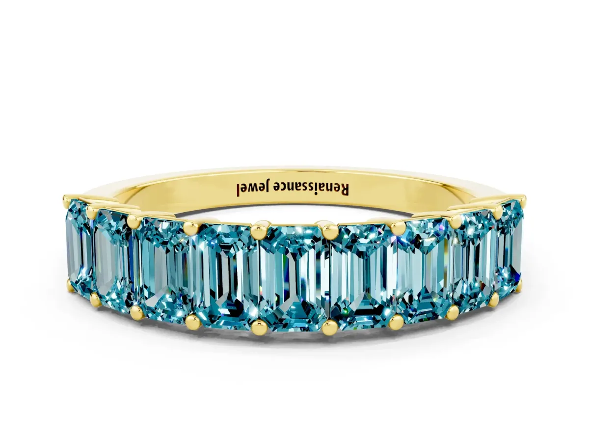 Emerald Cut Blue Topaz Prong-Set Eternity Band Yellow gold