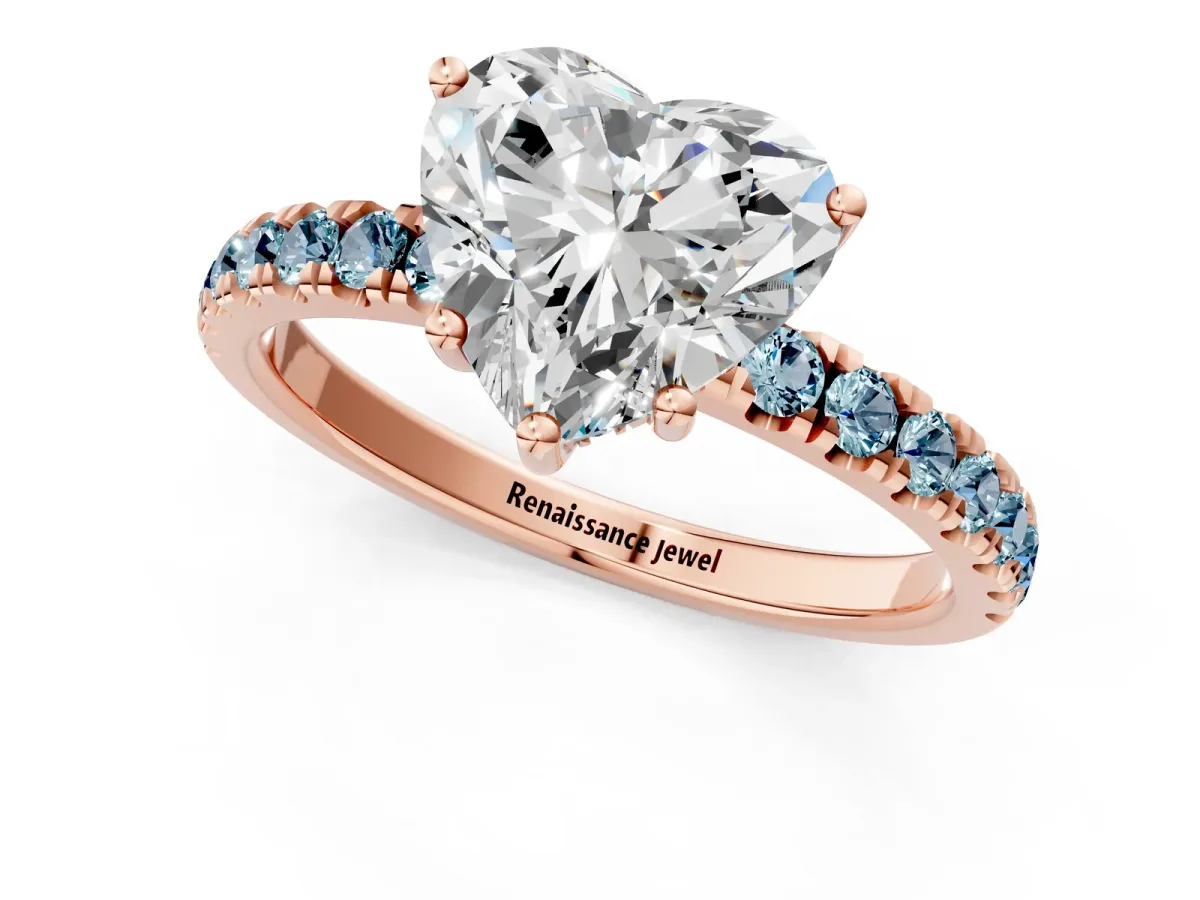 Heart Cut Diamond Pave Band Solitaire Ring with Round Aquamarine and Prong Setting Rose gold
