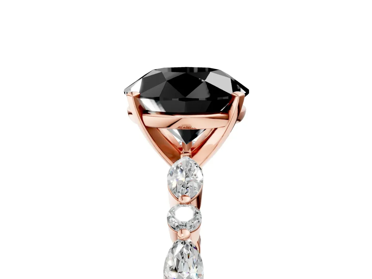 Fancy Black Round Cut Diamond Ring with Marquise and Round Side Stones and Four-Prong Setting Rose gold