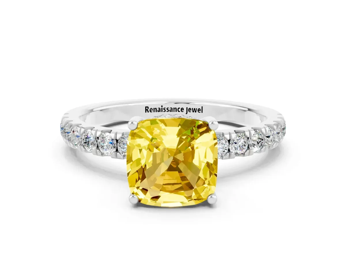 Cushion Cut Yellow Sapphire Pave Band Solitaire Ring with Round and Prong Setting Platinum