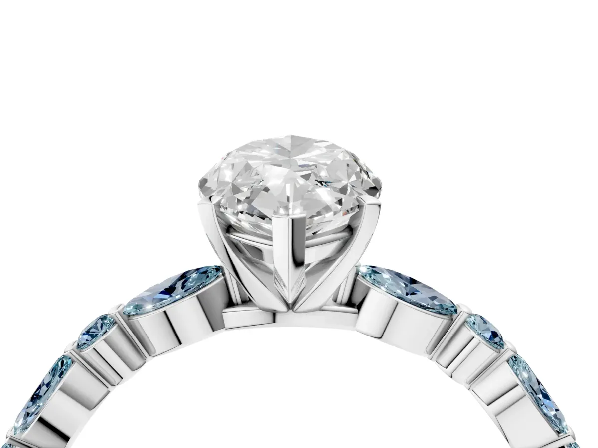 Marquise Cut Diamond Ring with Marquise and Round Aquamarine Side Stones and Four-Prong Setting Silver