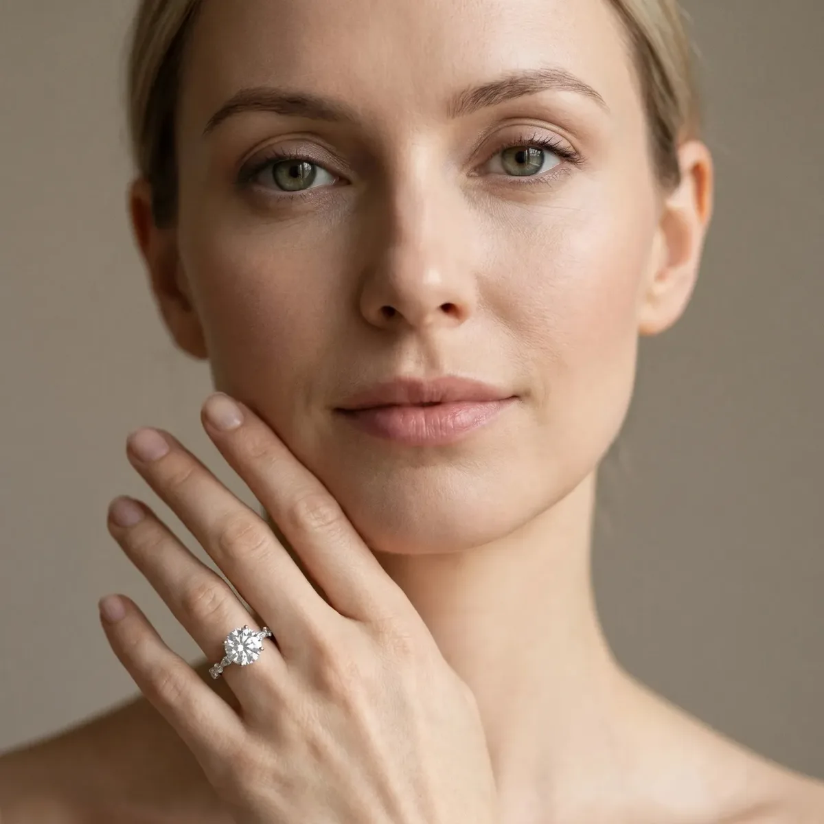 Round Cut Diamond Ring with Marquise and Round Side Stones and Four-Prong Setting White gold