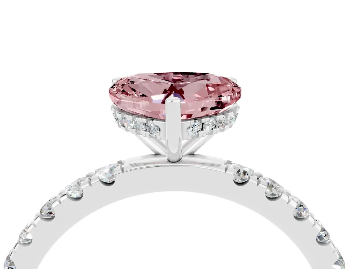 Heart Cut Morganite Pave Band Solitaire Ring with Round and Prong Setting Platinum