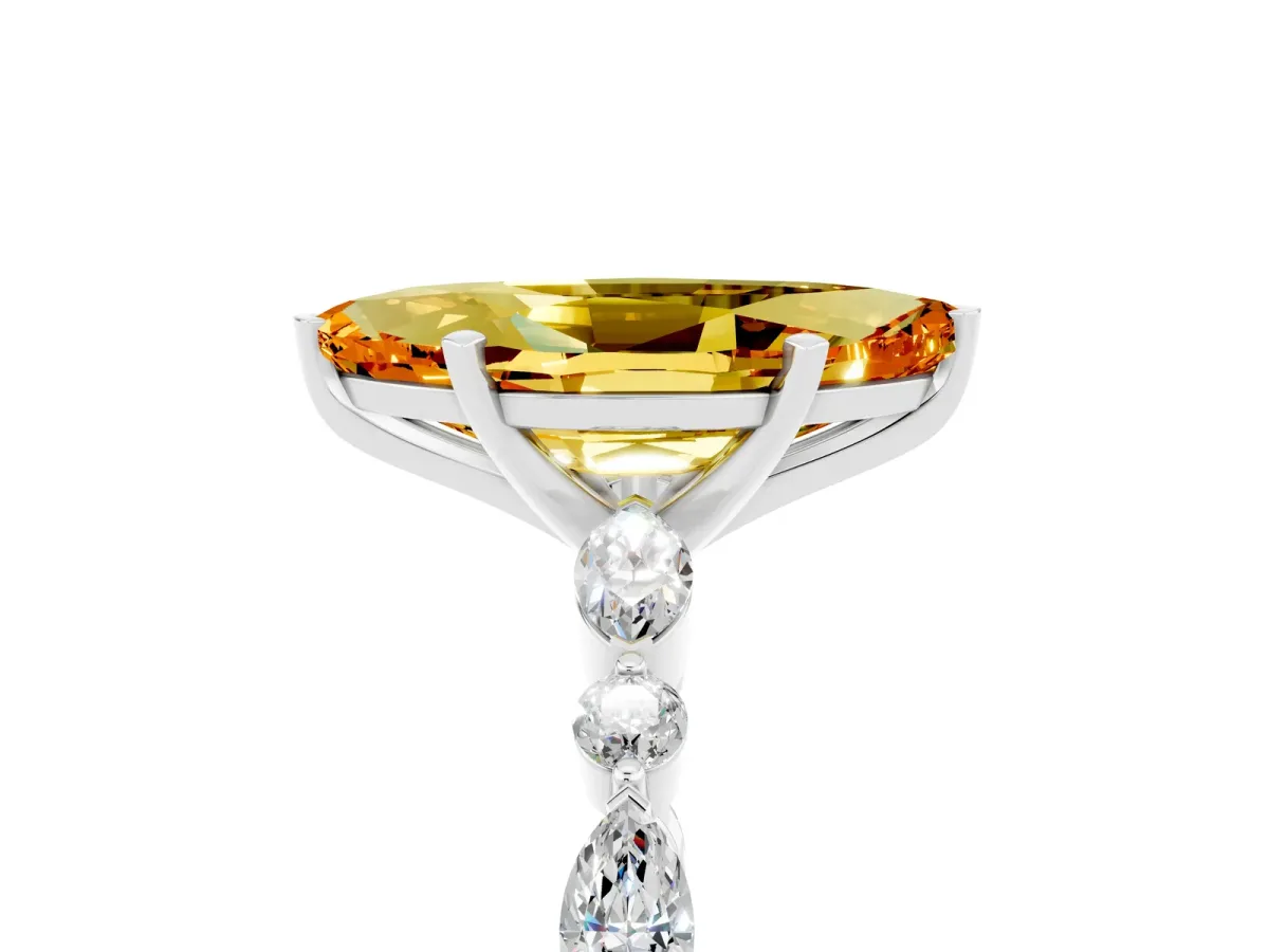 Marquise Cut Citrine Ring with Marquise and Round Side Stones and Four-Prong Setting Platinum