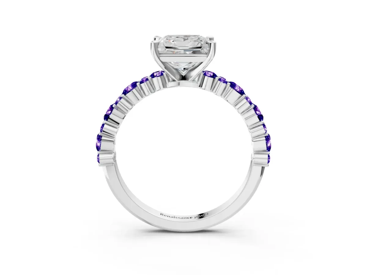 Princess Cut Diamond Side Stone Solitaire Ring with Round Tanzanite and Four-Prong Setting Platinum
