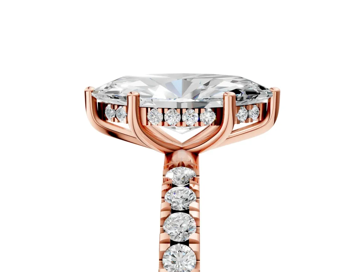 Marquise Cut Diamond Pave Band Solitaire Ring with Round Moissanite and Prong Setting Rose gold