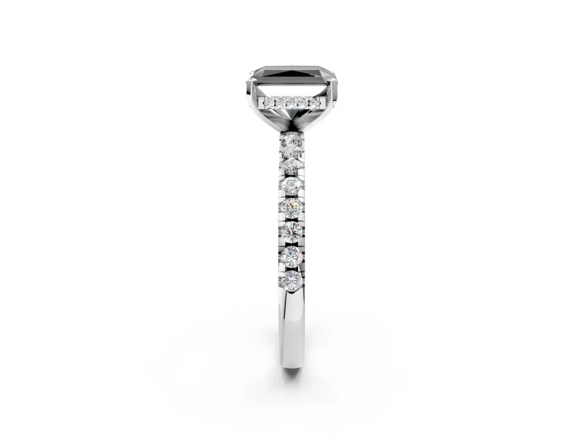 Fancy Black Radiant Cut Diamond Solitaire Ring with Round Pavé Band and Four-Prong Setting Platinum