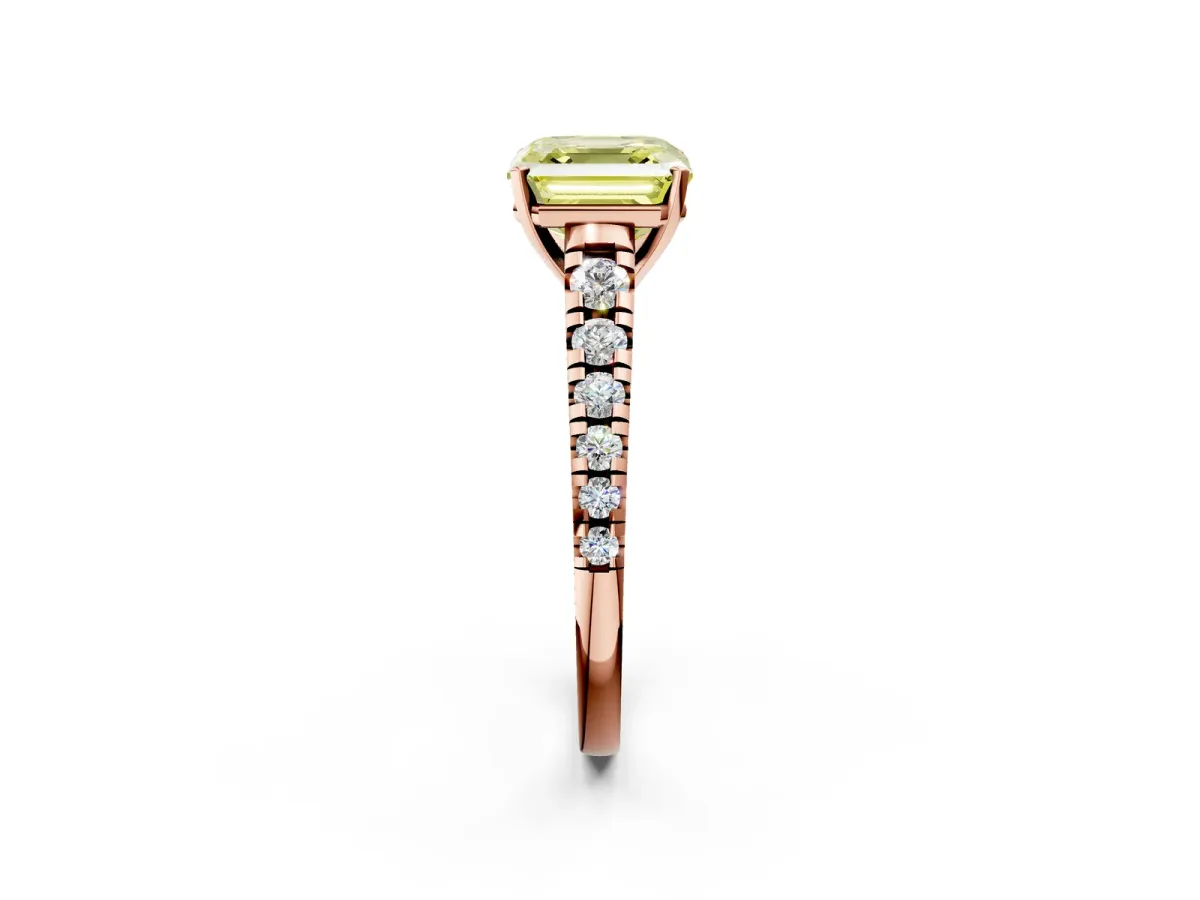 Fancy Yellow Asscher Cut Diamond Cathedral Solitaire Ring with Round Pavé Band Rose gold