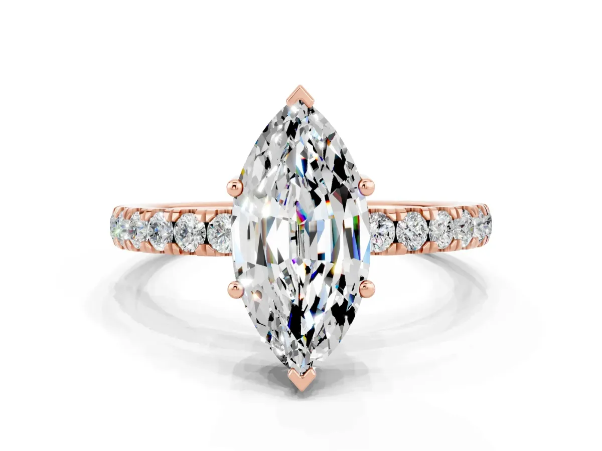 Marquise Cut Moissanite Pave Band Solitaire Ring with Round and Prong Setting Rose gold