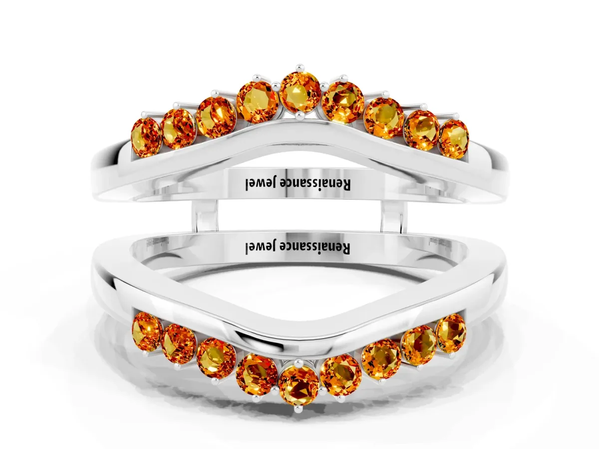 Round Citrine Chevron Contour Band with Prong Setting Platinum
