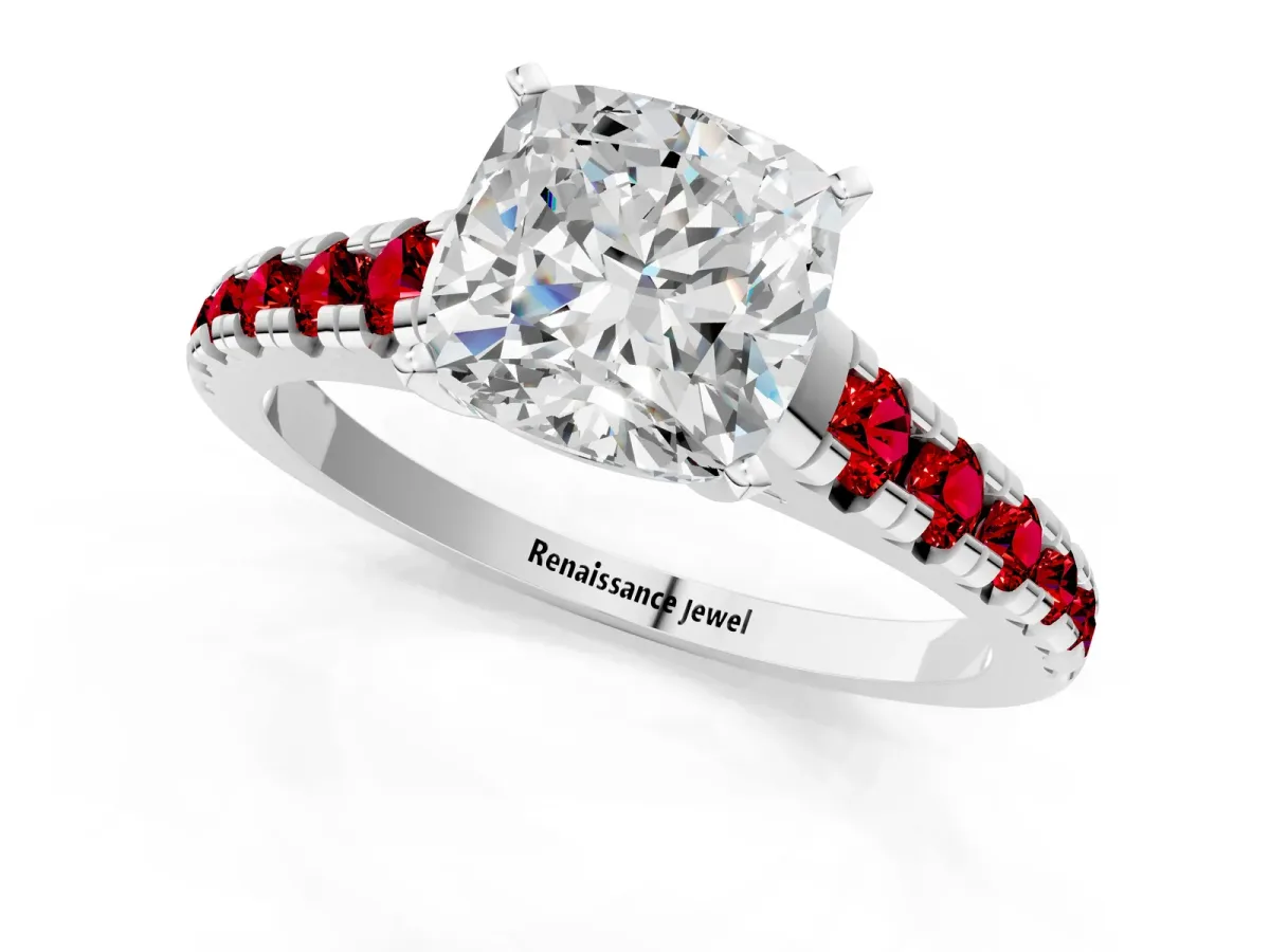 Cushion Cut Diamond Cathedral Solitaire Ring with Round Ruby Pavé Band Platinum
