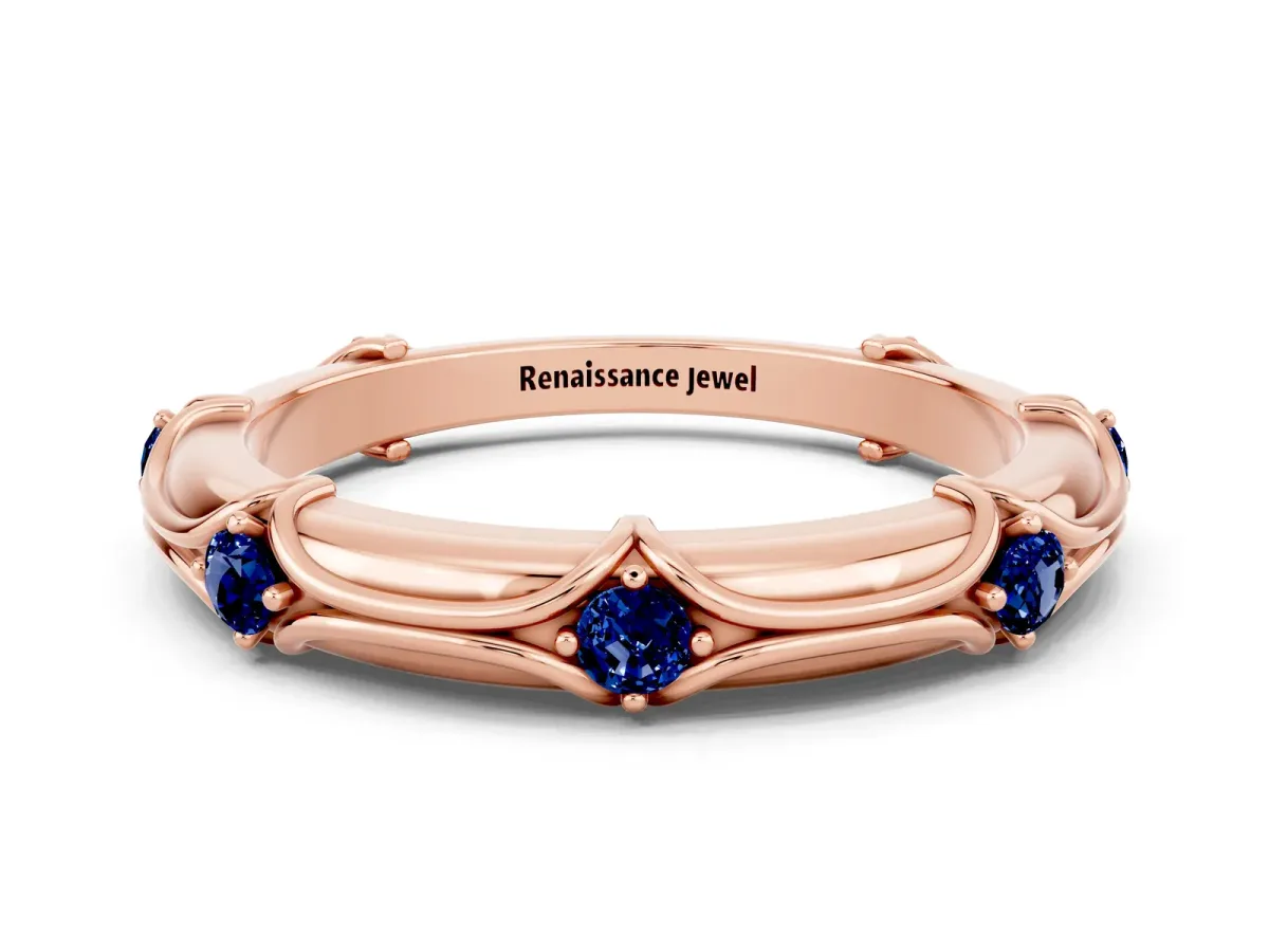 Round Blue Sapphire Prong Set Milgrain Eternity Band Rose gold