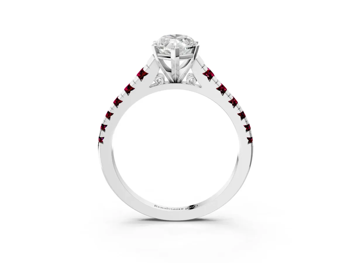 Marquise Cut Diamond Cathedral Solitaire Ring with Round Garnet Pavé Band Platinum