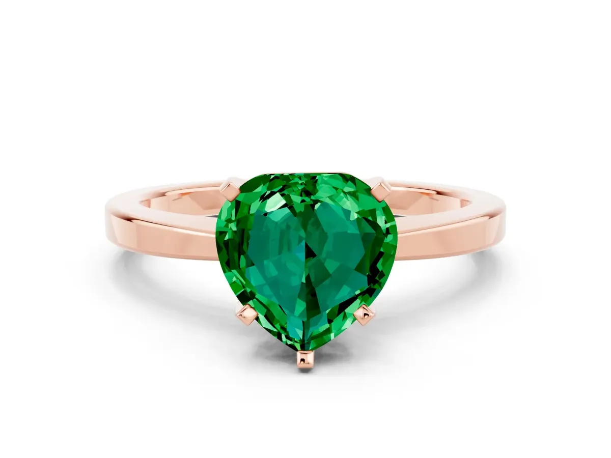 Heart Cut Emerald Solitaire Engagement Ring with Classic Band and Four-Prong Setting Rose gold