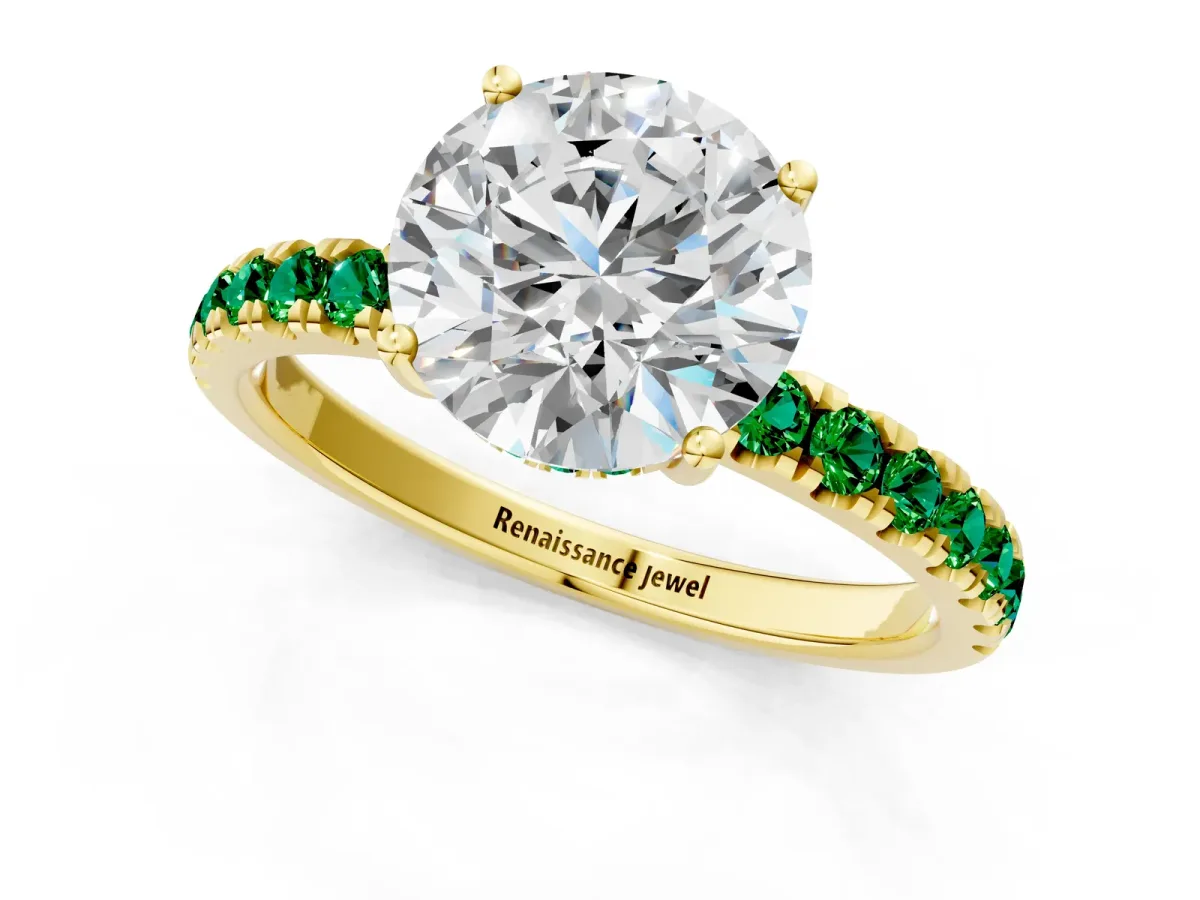 Round Cut Diamond Pave Band Solitaire Ring with Round Emerald and Prong Setting Yellow gold