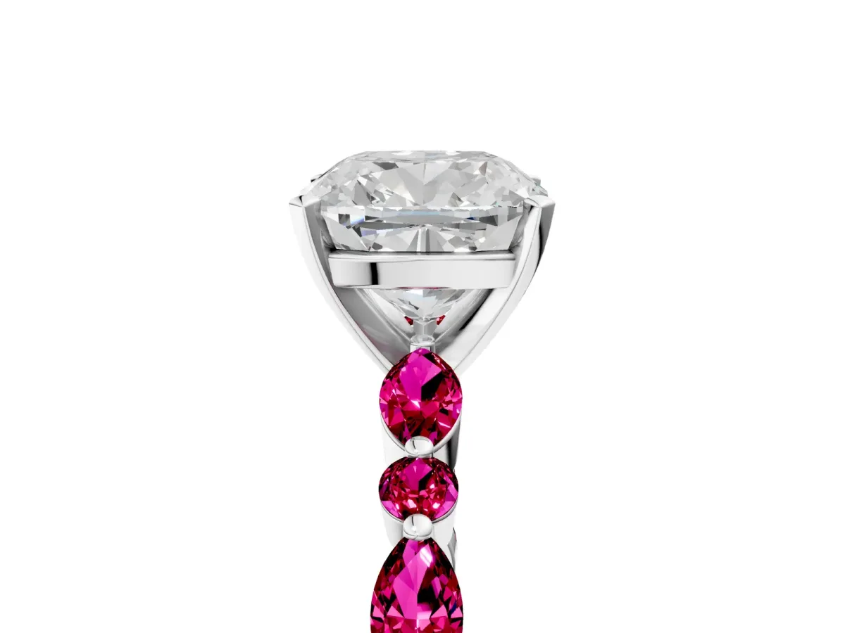 Cushion Cut Diamond Ring with Marquise and Round Garnet Side Stones and Four-Prong Setting Silver