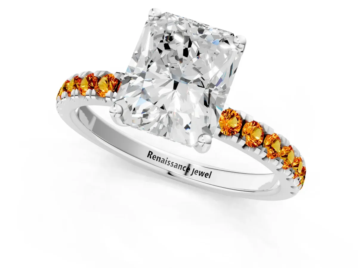 Radiant Cut Diamond Pave Band Solitaire Ring with Round Citrine and Prong Setting Platinum