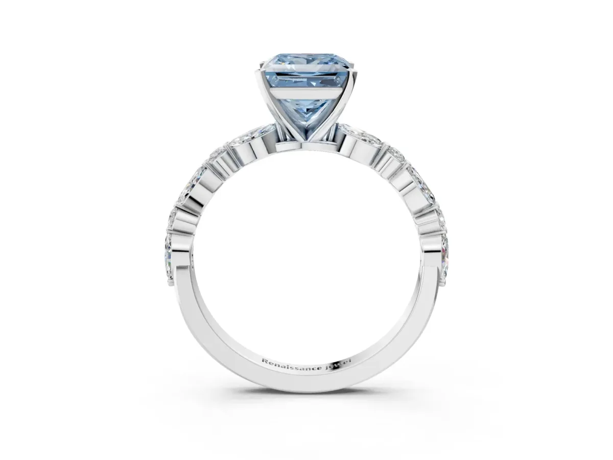 Fancy Blue Princess Cut Diamond Ring with Marquise and Round Side Stones and Four-Prong Setting Platinum