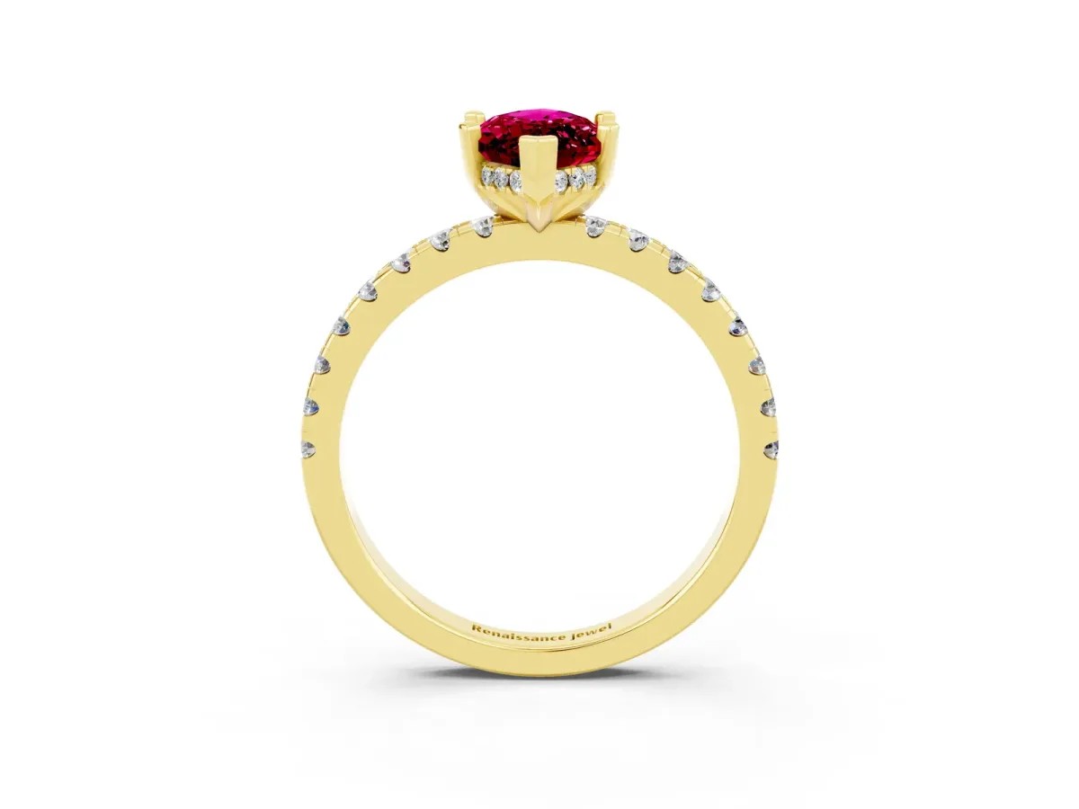 Marquise Cut Garnet Solitaire Ring with Round Pavé Band and Four-Prong Setting Yellow gold