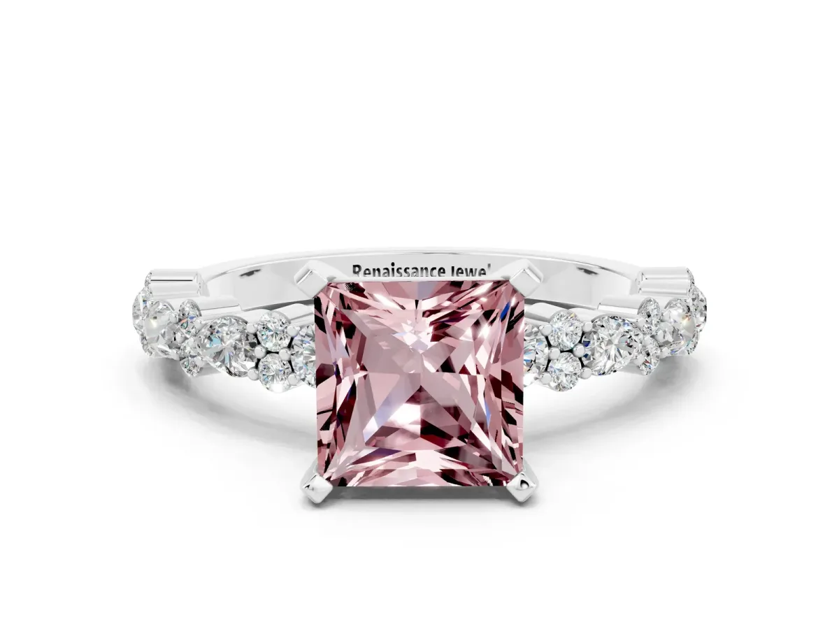 Princess Cut Morganite Side Stone Solitaire Ring with Round and Four-Prong Setting Silver