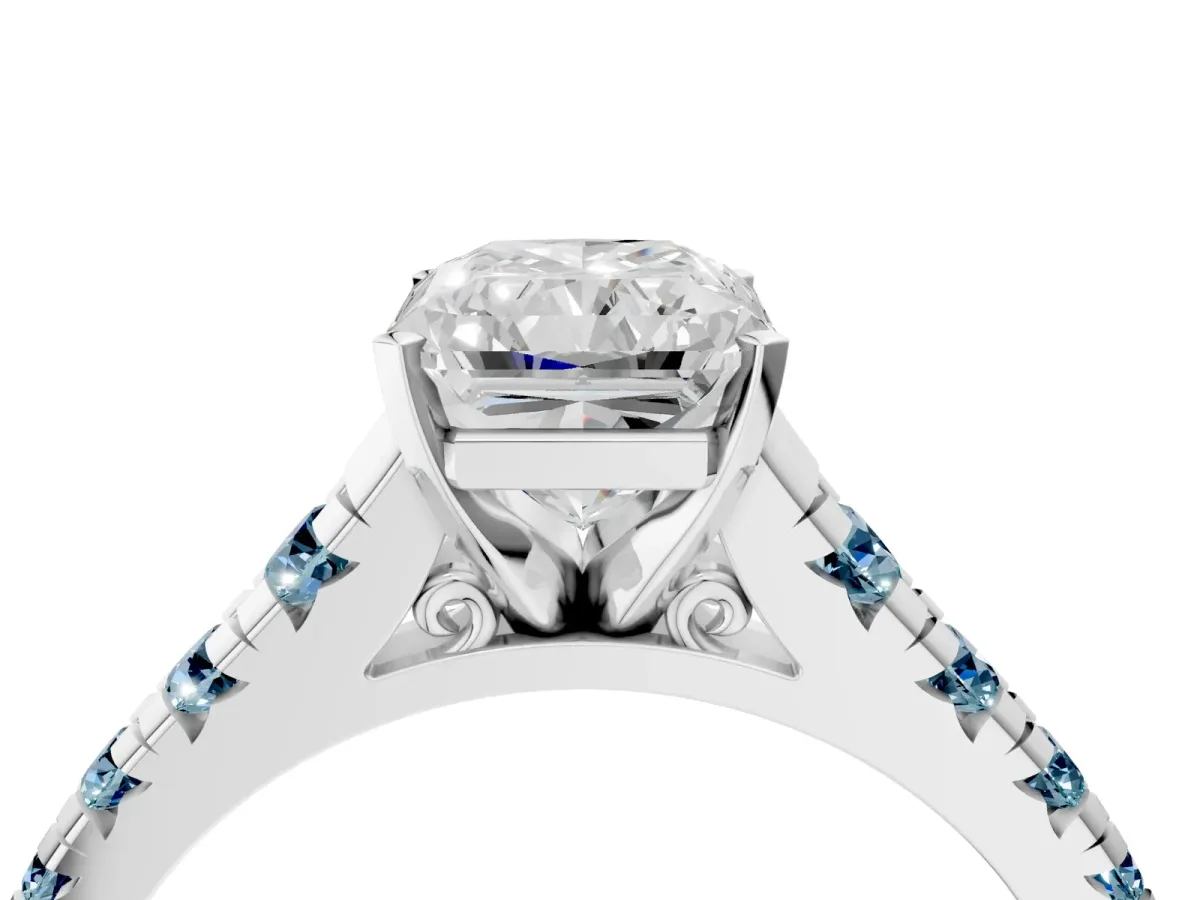 Radiant Cut Diamond Cathedral Solitaire Ring with Round Aquamarine Pavé Band Silver
