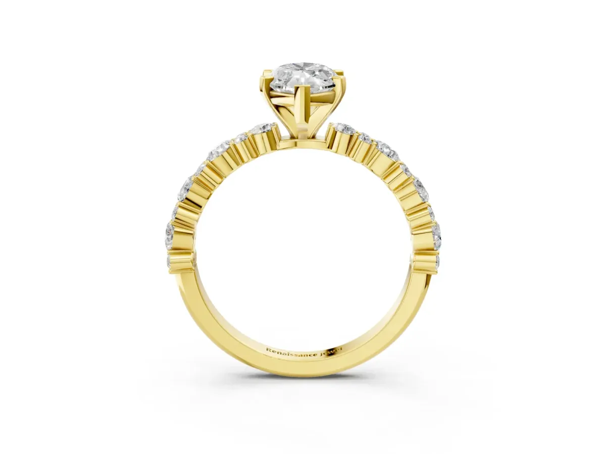 Marquise Cut Diamond Side Stone Solitaire Ring with Round Moissanite and Four-Prong Setting Yellow gold