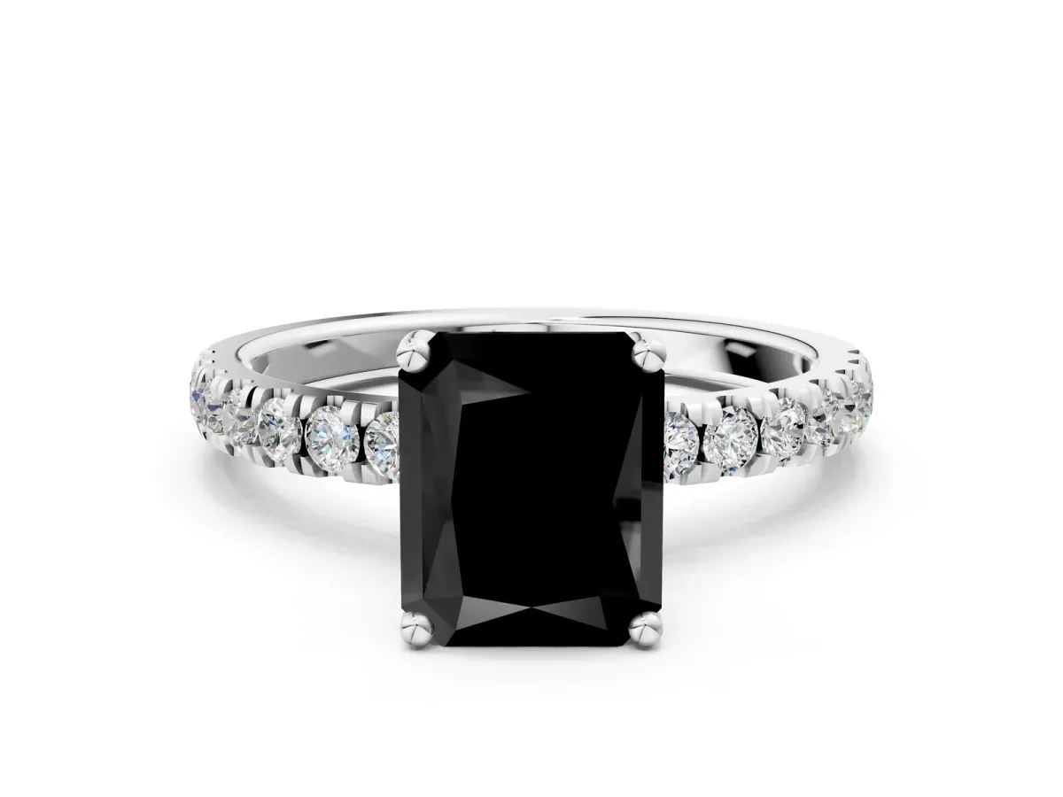 Fancy Black Radiant Cut Diamond Pave Band Solitaire Ring with Round and Prong Setting Silver
