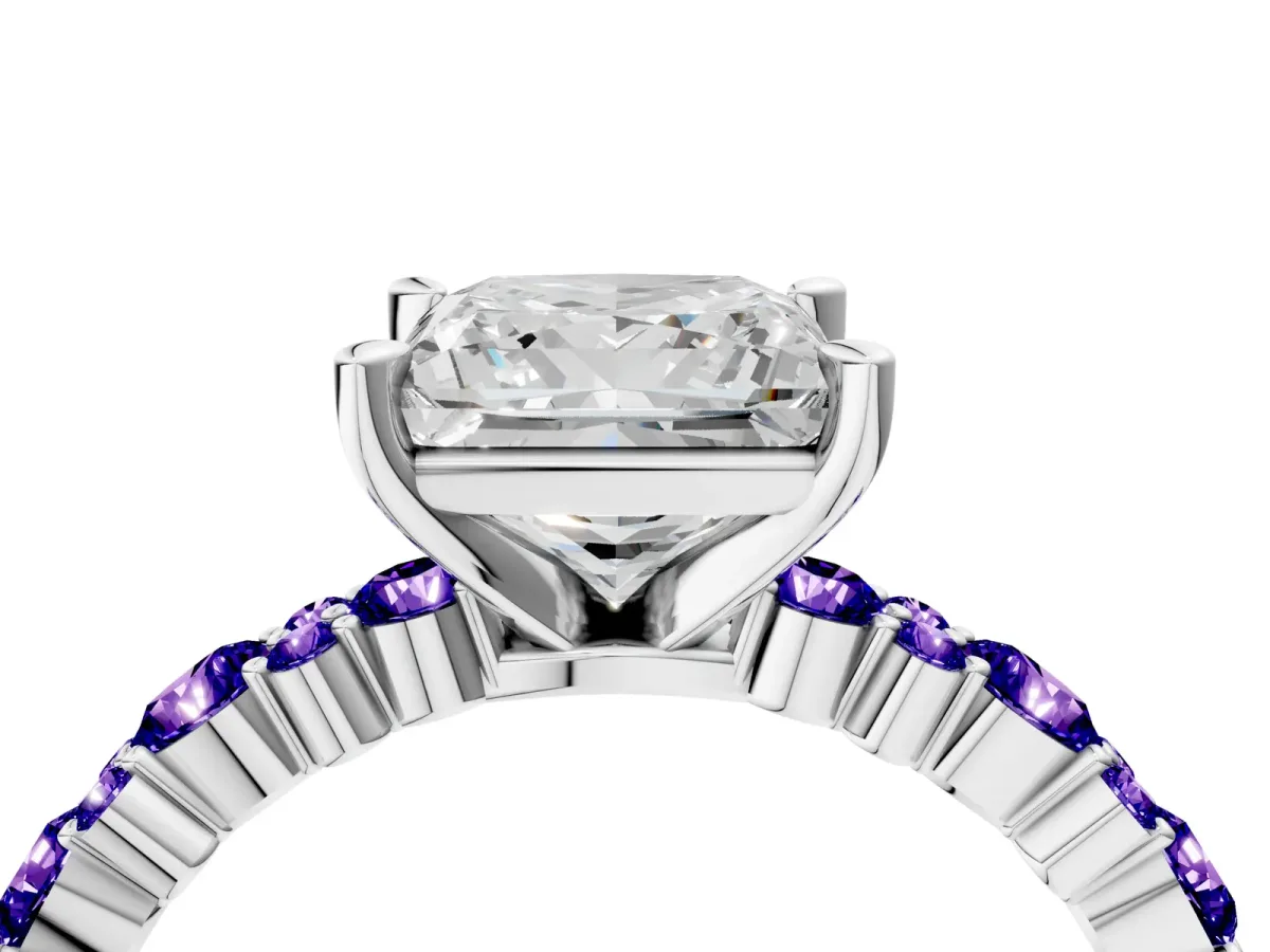 Princess Cut Diamond Side Stone Solitaire Ring with Round Tanzanite and Four-Prong Setting Platinum