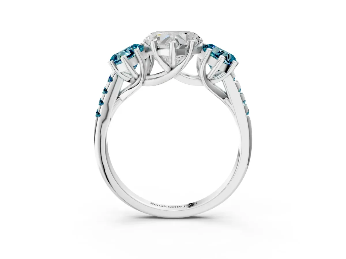 Three-Stone Heart Cut Diamond Ring with Round Blue Topaz Pavé Band and Prong Setting Silver