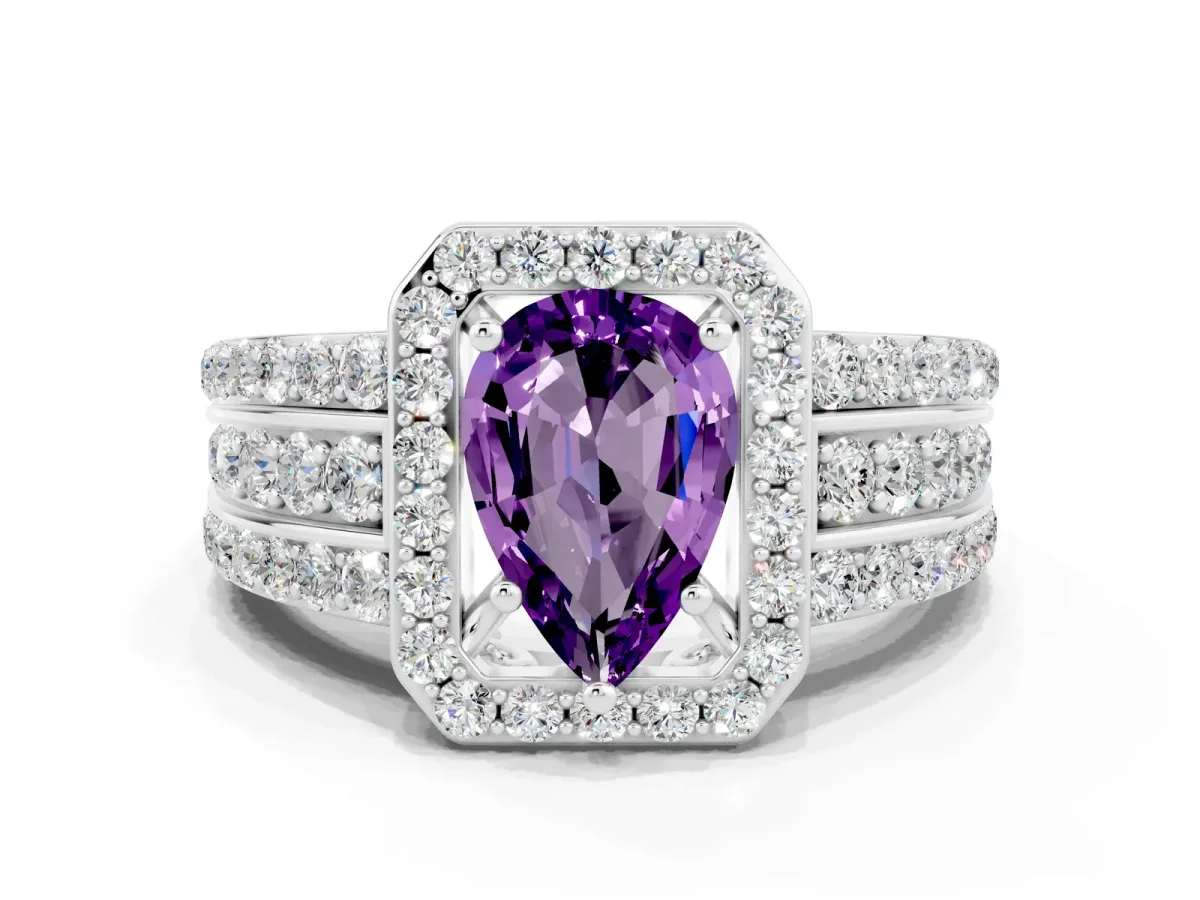 Pear Cut Halo Amethyst Ring with Round Split Shank and Prong Setting White gold