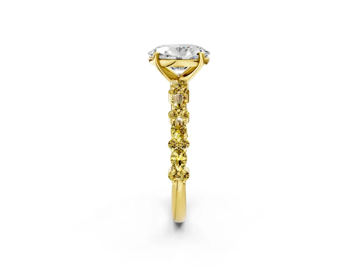 Oval Cut Diamond Side Stone Solitaire Ring with Round Yellow Sapphire and Four-Prong Setting Yellow gold