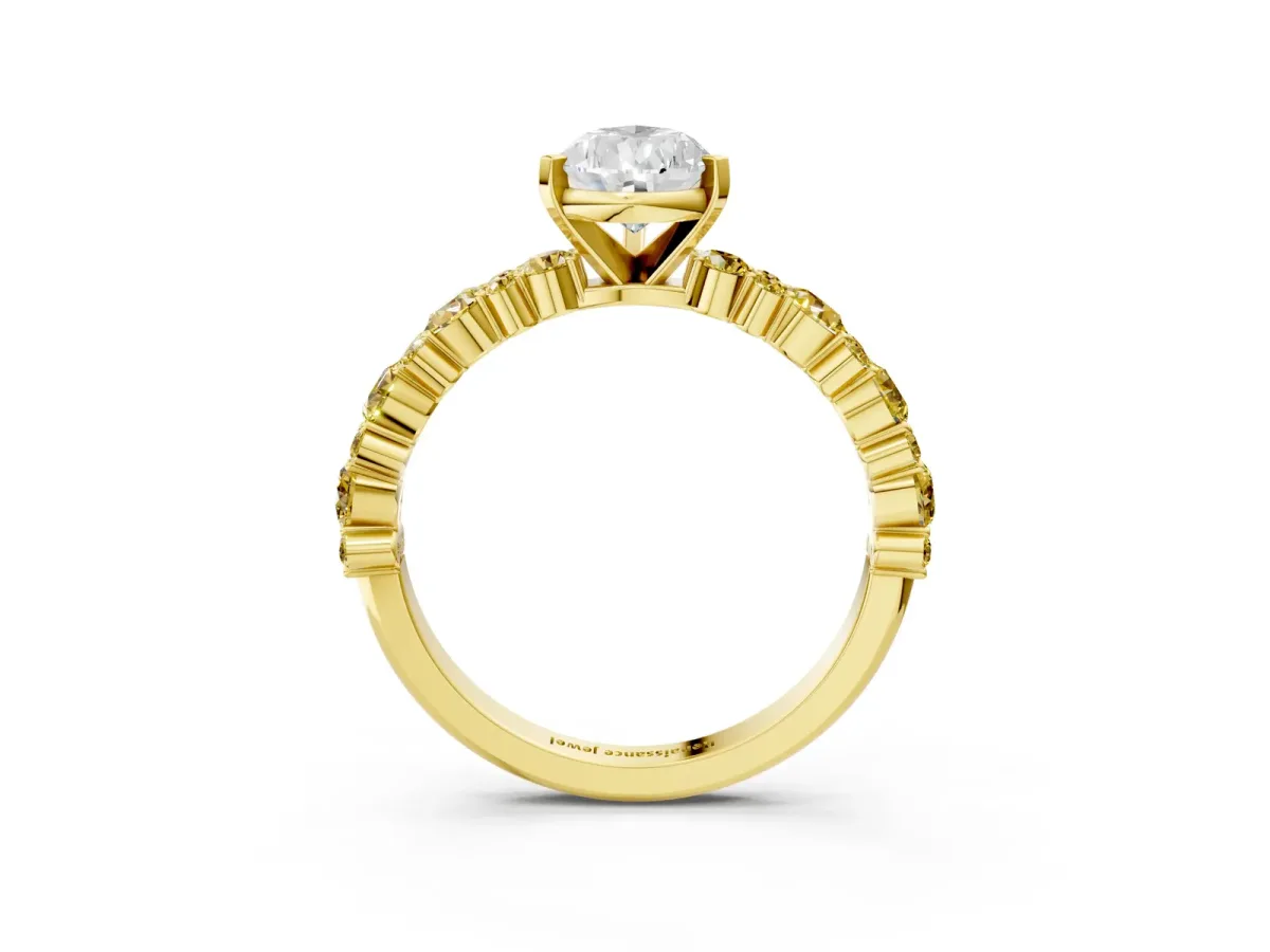 Pear Cut Diamond Side Stone Solitaire Ring with Round Yellow Sapphire and Four-Prong Setting Yellow gold