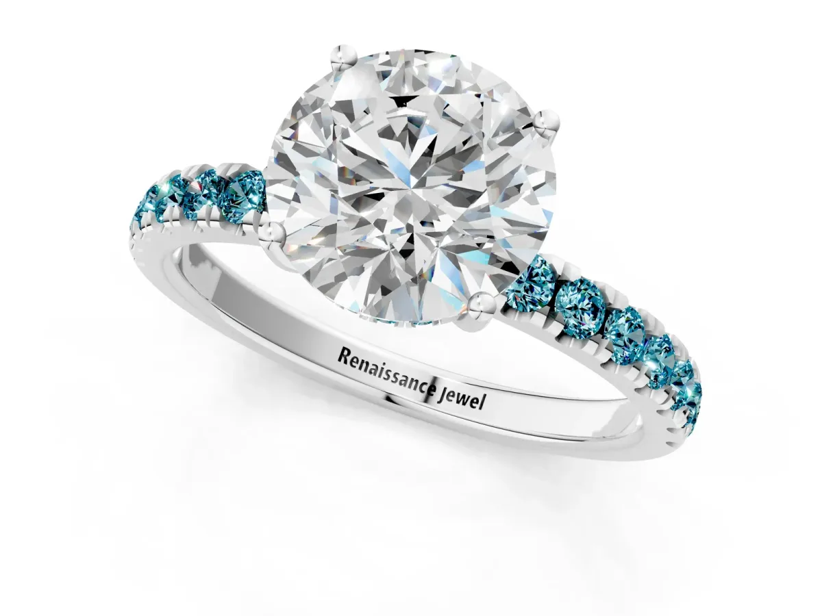 Round Cut Diamond Pave Band Solitaire Ring with Round Blue Topaz and Prong Setting Platinum