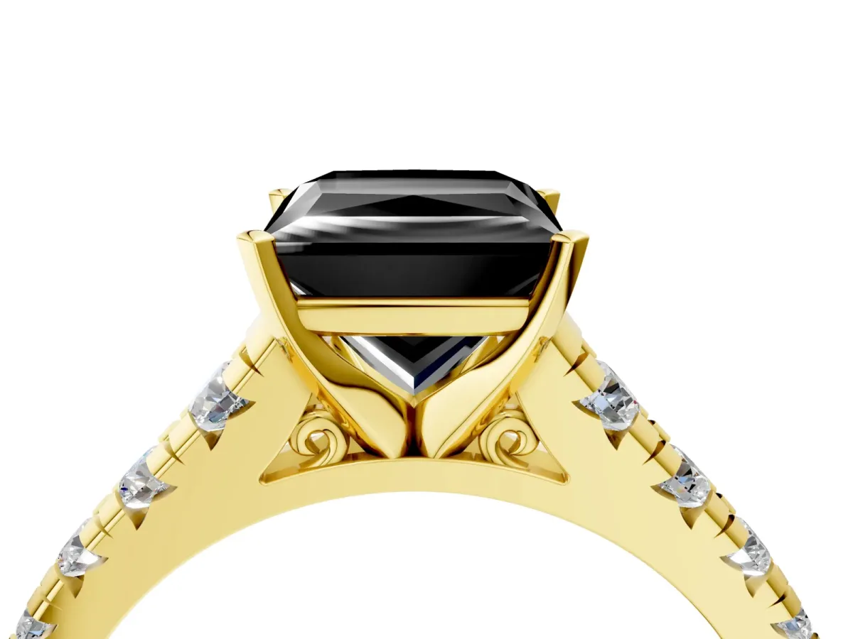 Fancy Black Princess Cut Diamond Cathedral Solitaire Ring with Round Pavé Band Yellow gold