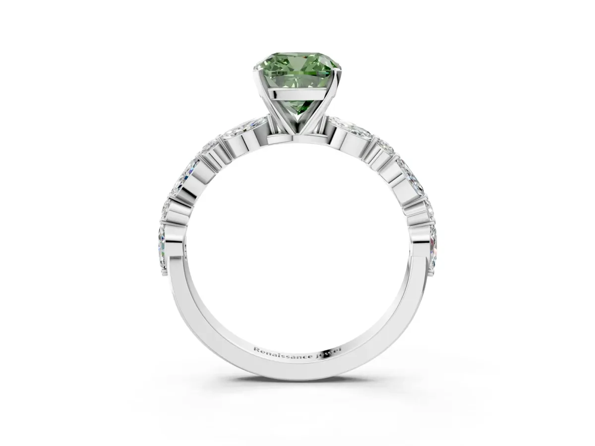 Fancy Green Cushion Cut Diamond Ring with Marquise and Round Side Stones and Four-Prong Setting Silver