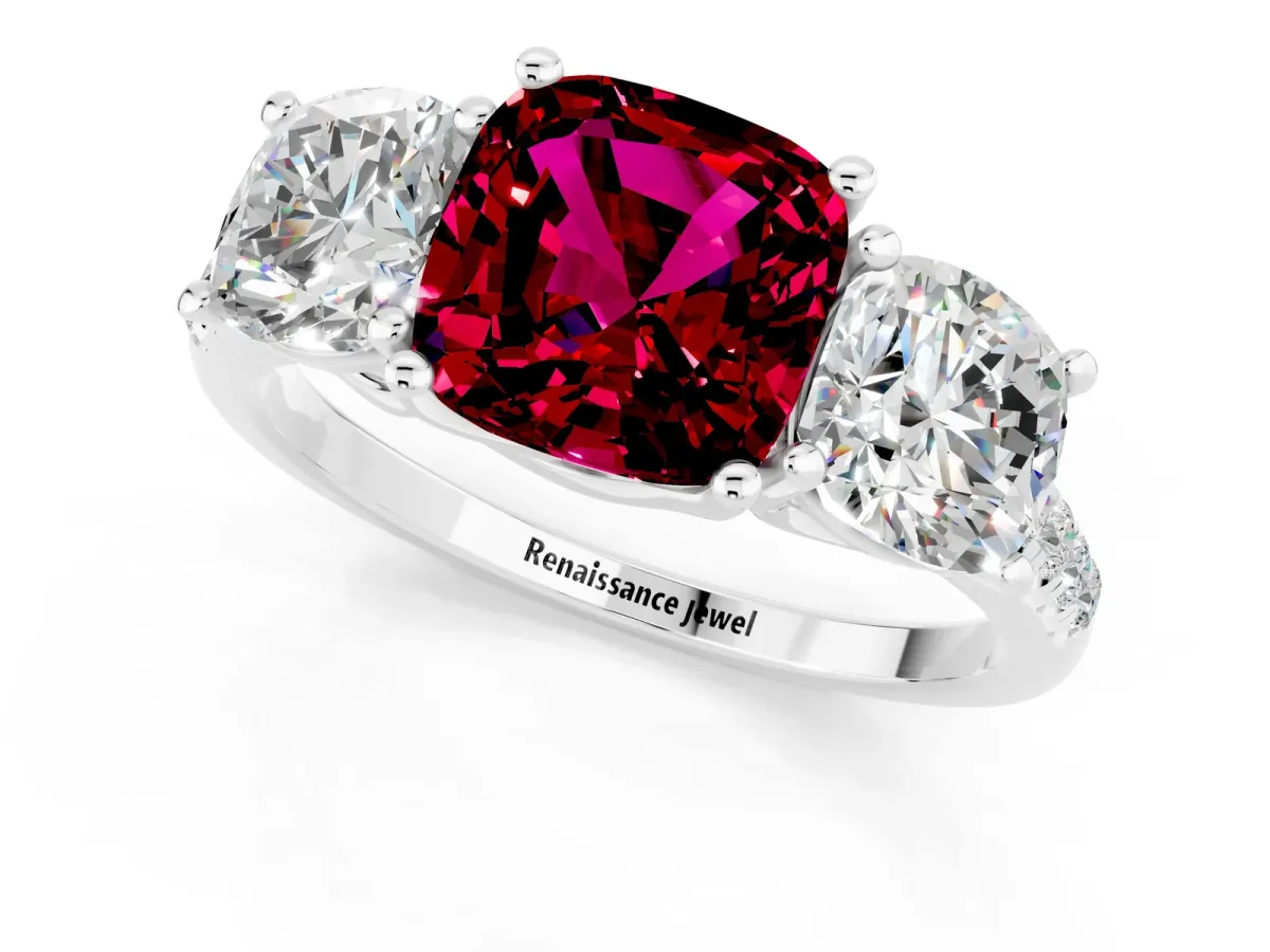 Three-Stone Cushion Cut Garnet Ring with Round Pavé Band and Prong Setting Platinum