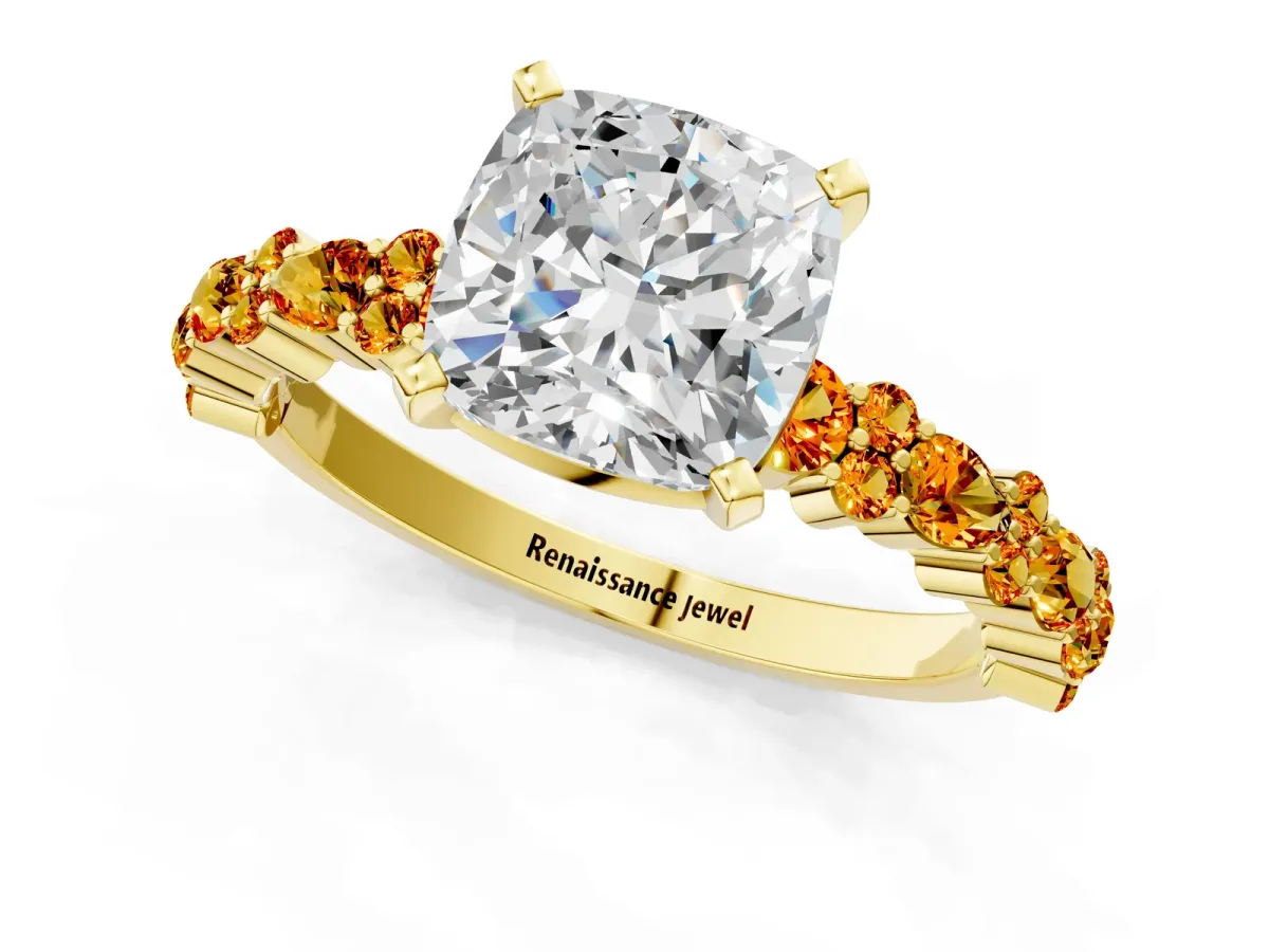 Cushion Cut Diamond Side Stone Solitaire Ring with Round Citrine and Four-Prong Setting Yellow gold
