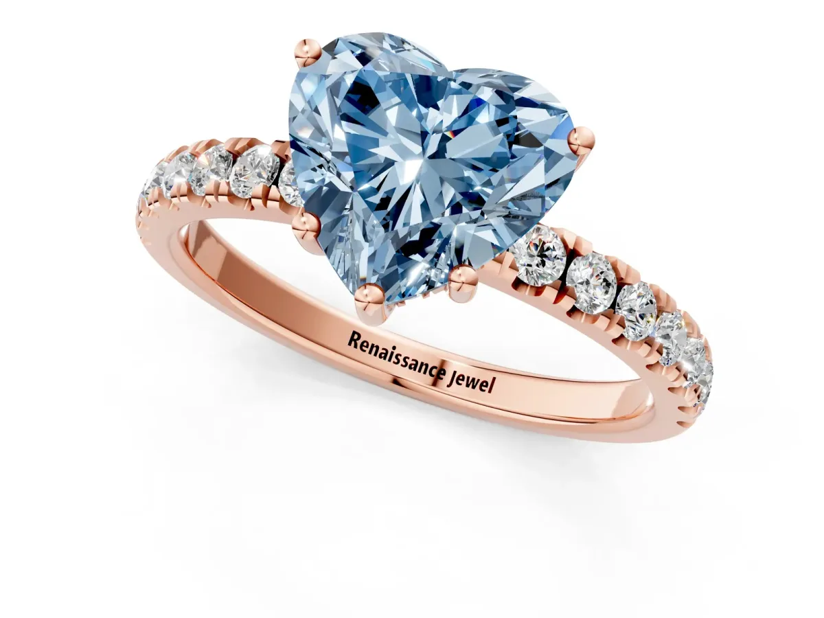 Fancy Blue Heart Cut Diamond Pave Band Solitaire Ring with Round and Prong Setting Rose gold